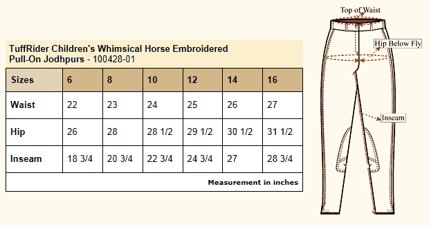 TuffRider Children's Whimsical Horse Embroidered Pull-On Jods - Size Chart