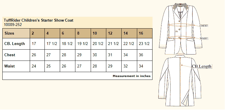 TuffRider Children's Starter Show Coat - Size Chart