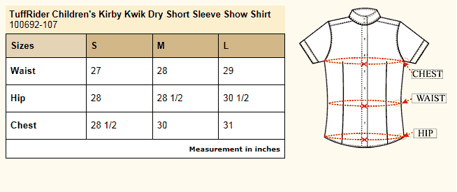 TuffRider Children's Kirby Kwik Dry Short Sleeve Show Shirt Size Chart