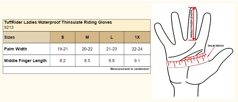 TuffRider Ladies Waterproof Thinsulate Riding Gloves Size Chart