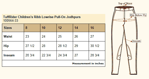 TuffRider Children's Ribb Lowrise Pull-On Jods - Size Chart