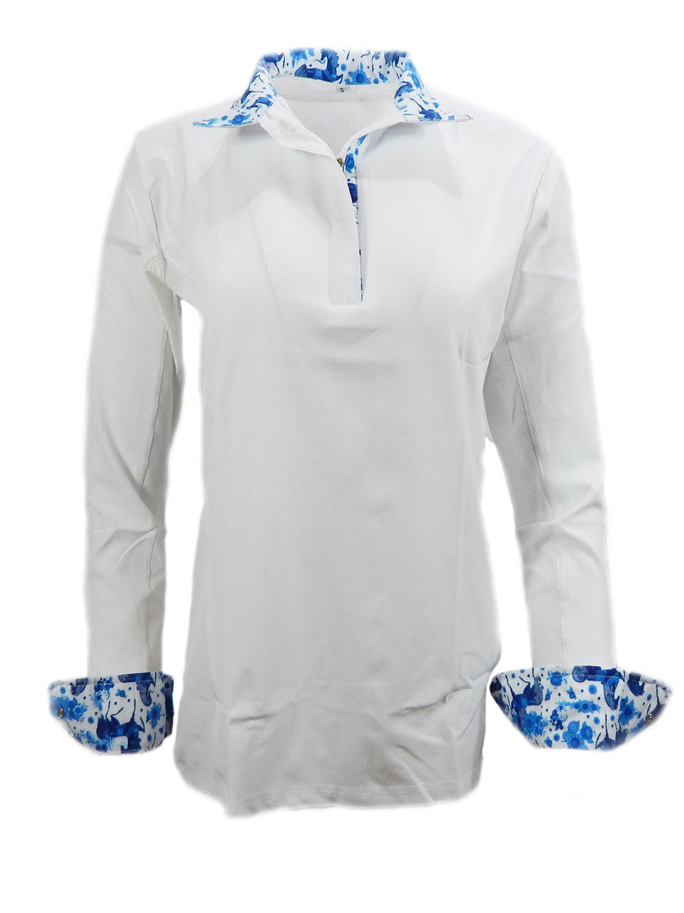 Anni Lyn Sportswear Women's Ventilated Long Sleeve Show Shirt - Blue Horse Front