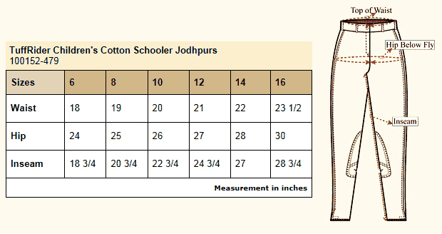 TuffRider Children's Cotton Schooler Jods Size Chart