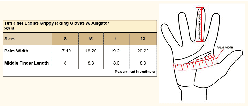 Equine Couture Ladies Grippy Riding Gloves w/ Alligator Closure Size Chart