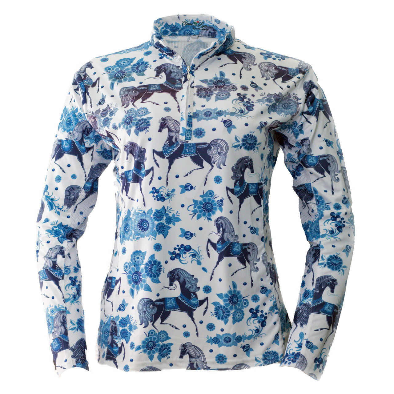 Anni Lyn Sportswear Women's Ventilated Long Sleeve Sun Shirt  - Blue Horses