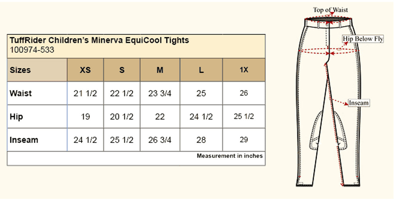 TuffRider Children's Minerva EquiCool Tights Size Chart