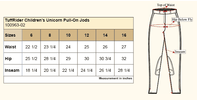 TuffRider Children's Unicorn Pull-On Jods Size Chart