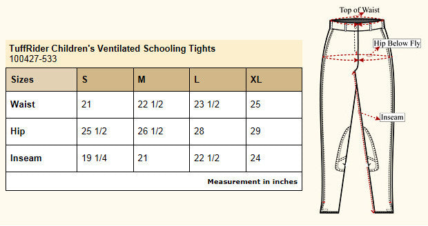 TuffRider Children's Ventilated Schooling Tights - Size Chart