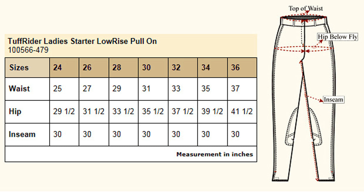 Tuffrider Starter Breeches Size Chart